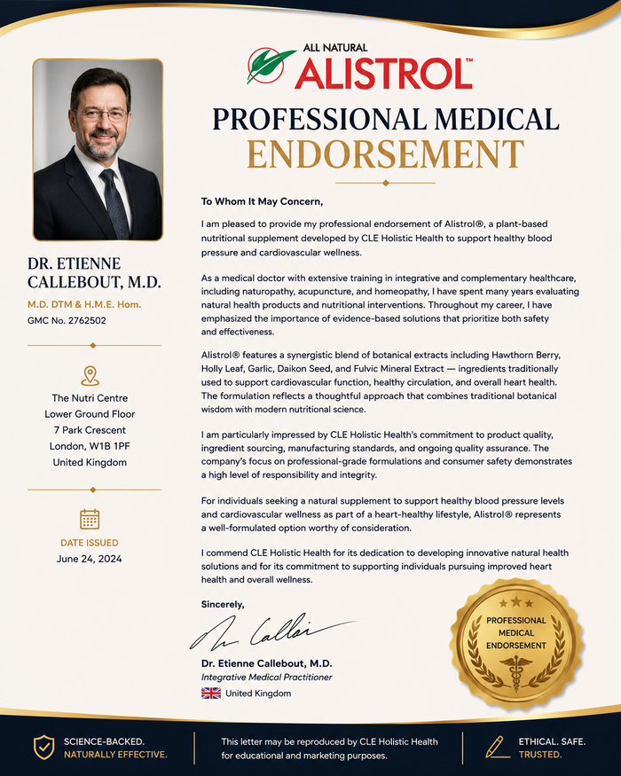 Professional medical endorsement letter for Alistrol from Dr. Etienne Callebout, M.D., dated June 24, 2024