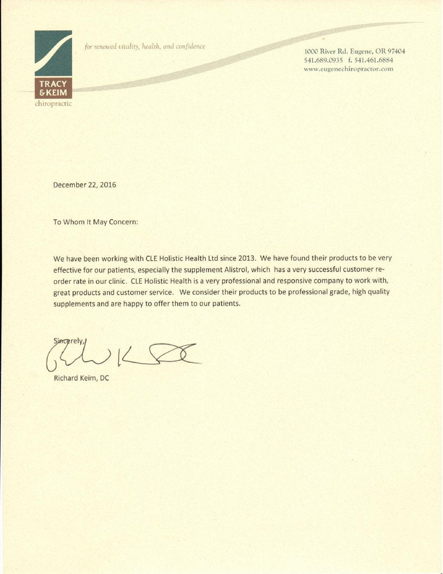 Signed letter from Dr. Richard Keim, DC, Tracy & Keim Chiropractic, dated December 22, 2016